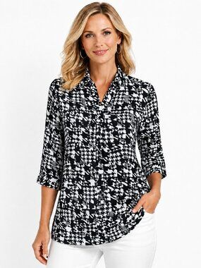 Chico’s Tunic Size 2 (12) Houndstooth Lightweight Flowy Hi-Lo Hem